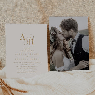 Convites Casamento Fotográfico Elegante de Creme Dourado Ne
