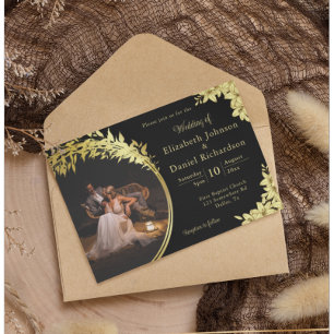 Convites Casamento Fotográfico Elegante Dourado, Preto Com 