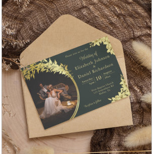 Convites Casamento Fotográfico Elegante Dourado, Verde Com