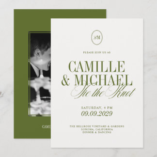 Convites Casamento Fotográfico em Verde Oliva com Caligrafi