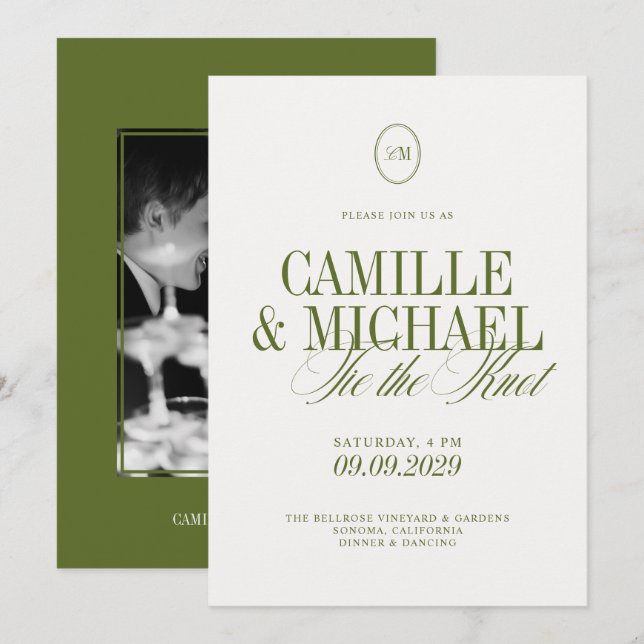 Convites Casamento Fotográfico em Verde Oliva com Caligrafi (Frente/Verso)