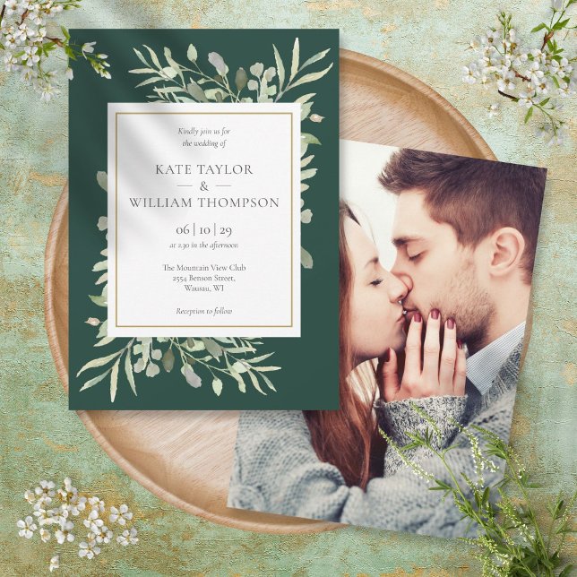 Convites Casamento Fotográfico Esmeralda Ouro Greenery Eleg (Elegant Greenery Emerald Gold Photo Wedding Invitation)