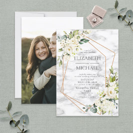 Convites Casamento Fotográfico Floral Branco Geométrico de