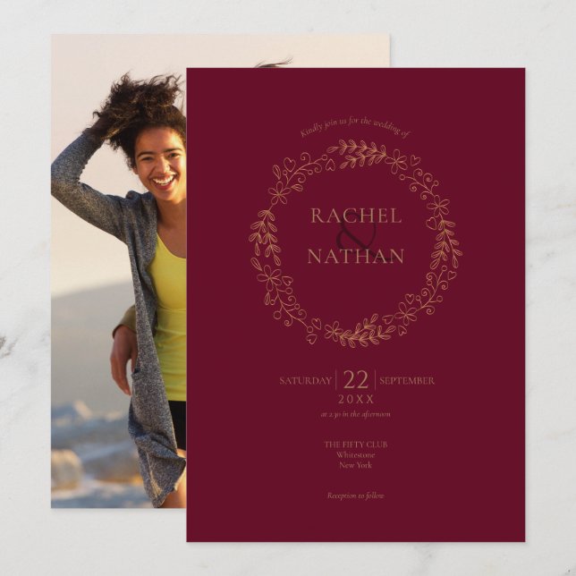 Convites Casamento Fotográfico Floral Burgundy Laurel Garla (Frente/Verso)