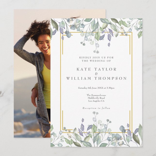 Convites Casamento Fotográfico Floral de Greenery Lilac Wat (Frente/Verso)