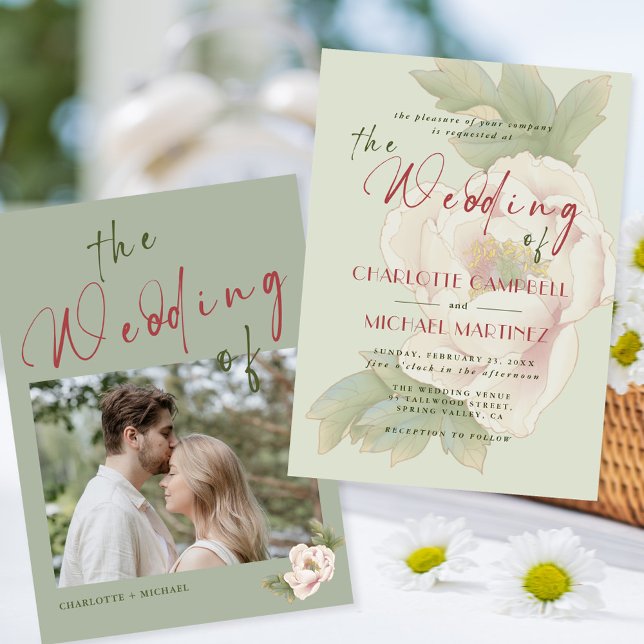 Convites Casamento Fotográfico Floral de Peony Peony Blush  (Criador carregado)