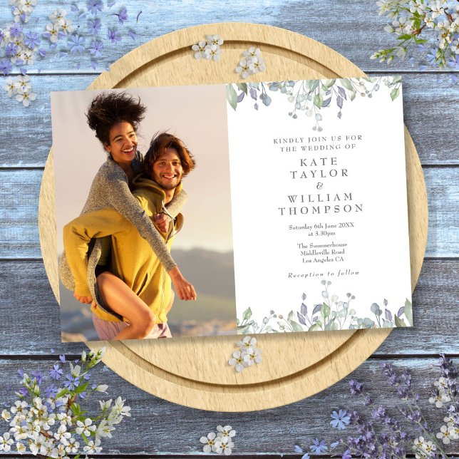Convites Casamento Fotográfico Floral De Sage E Lilac Green (Sage And Lilac Greenery Floral Photo Wedding Invitation)