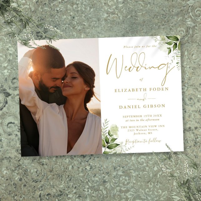 Convites Casamento Fotográfico Floral Dourado Elegante (Elegant Gold Greenery Floral Photo Wedding Invitation)