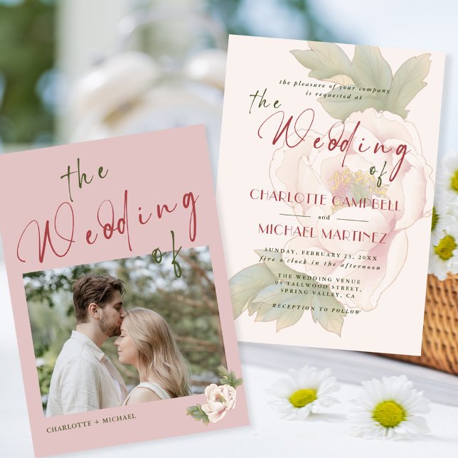 Convites Casamento Fotográfico Floral Romântico Pink Peony (Criador carregado)