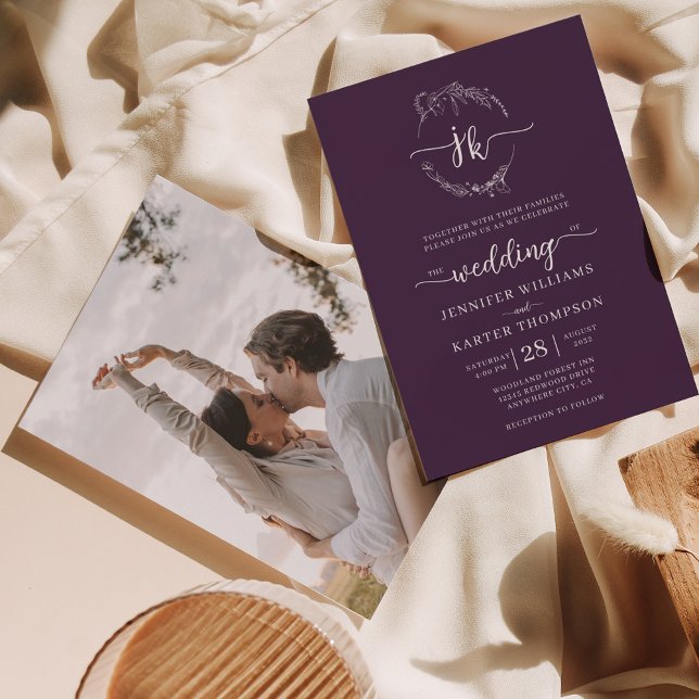 Convites Casamento Fotográfico Floral Violet Monograma (Criador carregado)