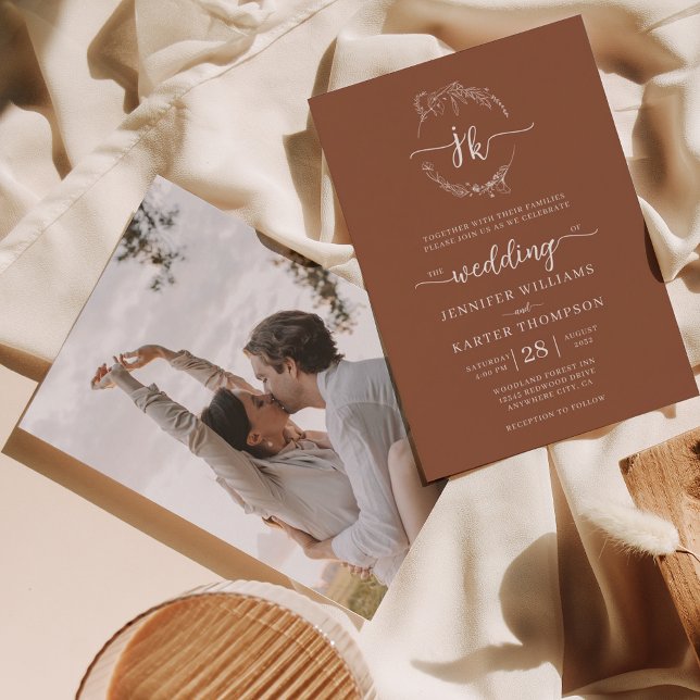 Convites Casamento Fotográfico Floral Wreath Terracotta Mon (Criador carregado)