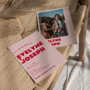 Convites Casamento Fotográfico Funky com Retro Vermelho Cor