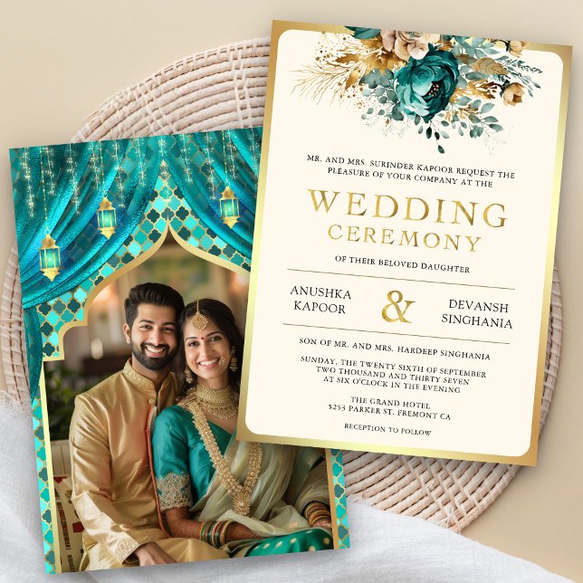 Convites Casamento Fotográfico Hindu Dourado Teal Floral In (Criador carregado)