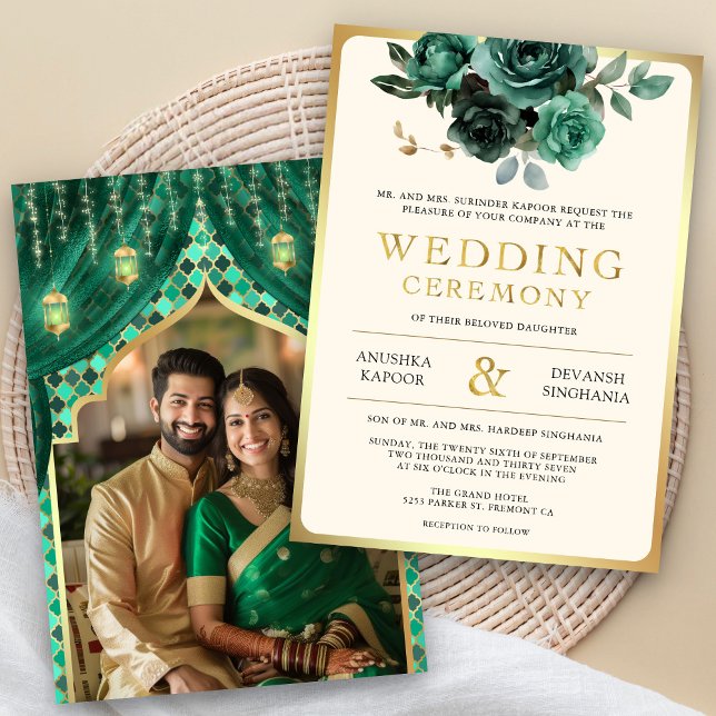 Convites Casamento Fotográfico hindu indiano Floral Dourado (Criador carregado)