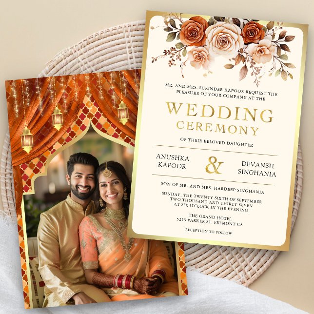 Convites Casamento Fotográfico Hindu Indiano Floral Dourado (Criador carregado)