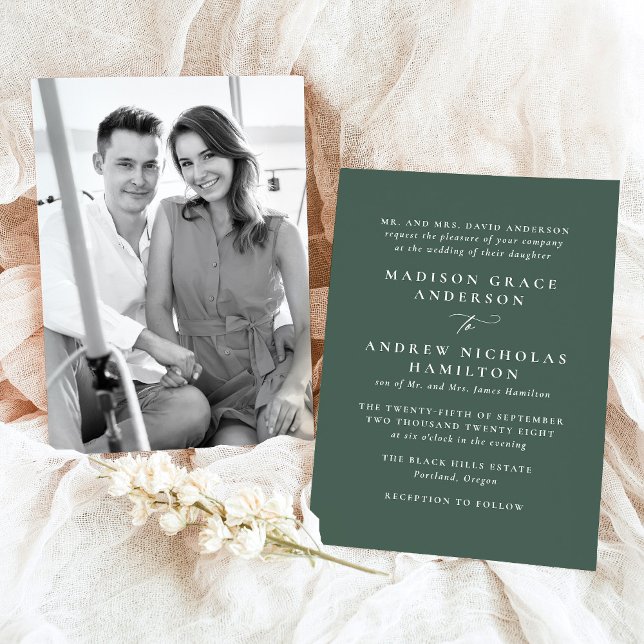 Convites Casamento Fotográfico Minimalista Moderno Verde (Criador carregado)