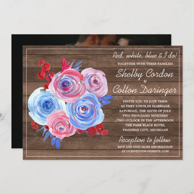 Convites Casamento Fotográfico Patriótico Floral 4 de julho (Frente/Verso)