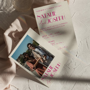 Convites Casamento Fotográfico Retro Francês Cinza-Rosa Mod