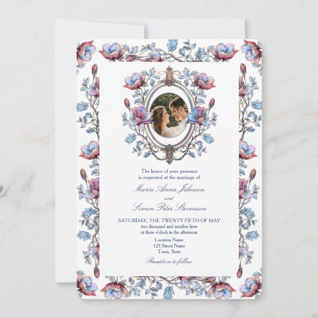 Convites Casamento Fotográfico Romântico Chinoiserie (Frente)