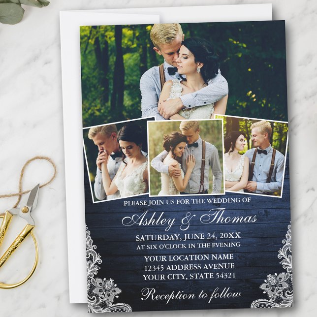 Convites Casamento Fotográfico Rustic Blue Wood Lace 4 (Customize to add more text or more photos to back of card.)