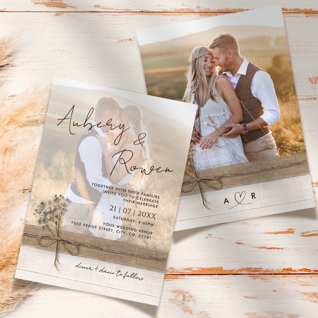 Convites Casamento Fotográfico Rustic Faux Burlap Wood Flow (Criador carregado)