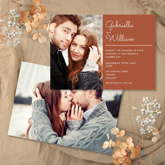 Convites Casamento Fotográfico Terracotta 2 do Script Elega (Modern Elegant Script Terracotta 2 Photo Wedding Invitation)
