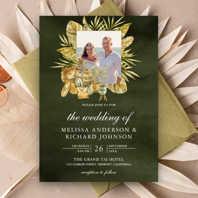 Convites Casamento Fotográfico Tropical Boho Folhas Secas d (Criador carregado)