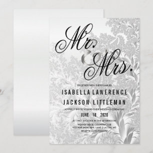 Convites Casamento Fractal de Prata Branca Elegante