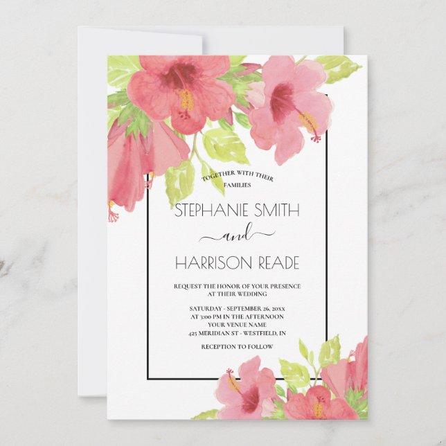 Convites Casamento Frameado Romântico de Hibiscus Floral, R (Frente)