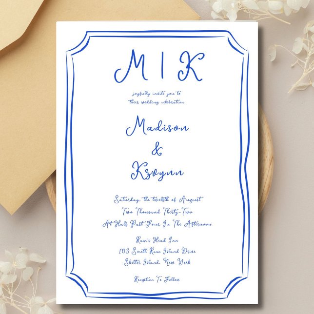 Convites Casamento Francês Azul Imunical Desenhado À Mão (Criador carregado)