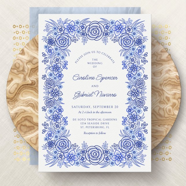Convites Casamento Francês Floral Blue Chinoiserie (Criador carregado)