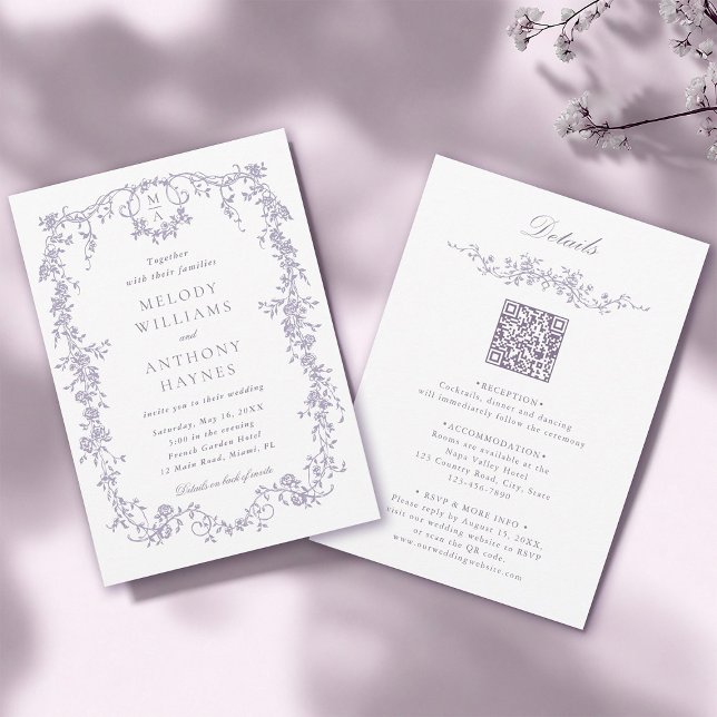 Convites Casamento Francês Vitoriano Lavanda Tudo em Um  (Front & Back)