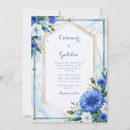 Convites Casamento Fronteira Geométrica Centáurea Azul