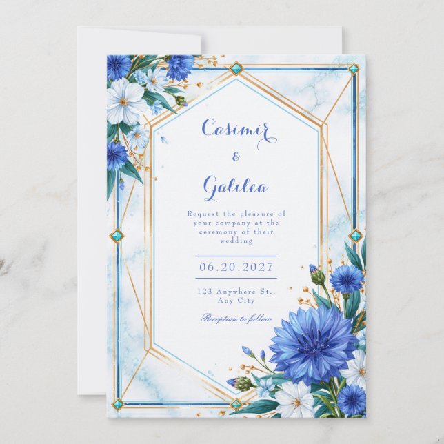 Convites Casamento Fronteira Geométrica Centáurea Azul (Frente)