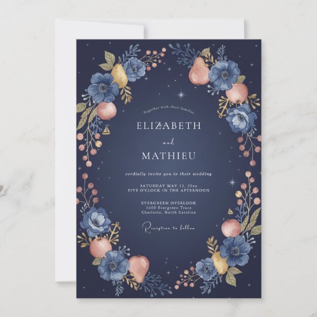 Convites Casamento Fruta Eucalipto Índigo Meia-Noite (Frente)
