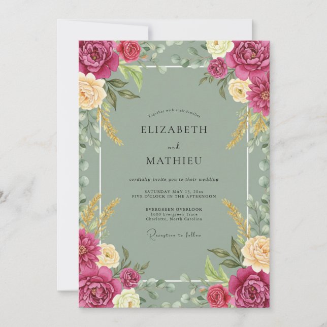 Convites Casamento Fuchsia Celadon Ranunculus Eucalipto (Frente)