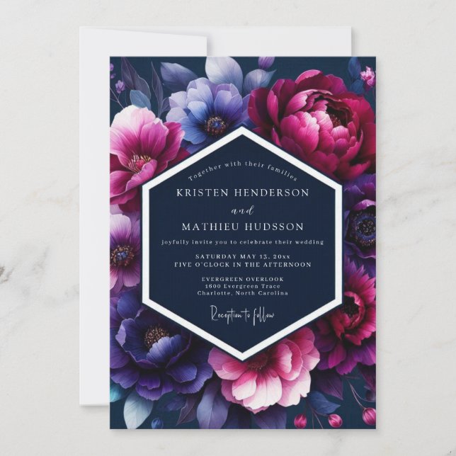 Convites Casamento Fuchsia Midnight Flora (Frente)