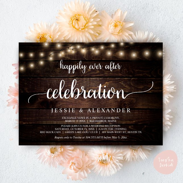 Convites Casamento Fuga, Celebração Feliz para Sempre (Wedding Elopement, Happily Ever After Celebration Invitation Card, PDF, String Lights, Dark Wood)
