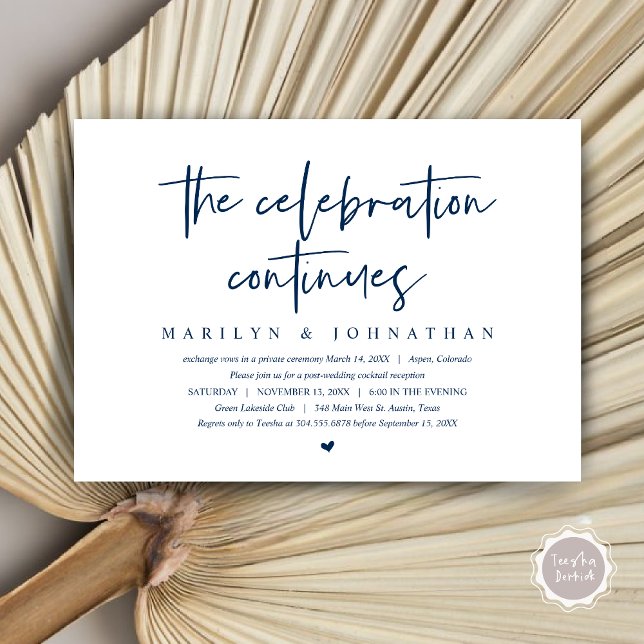 Convites Casamento Fuga, Celebração moderna continua em (Wedding Elopement, Modern celebration continues Invitation Card, PDF, in Navy Blue)