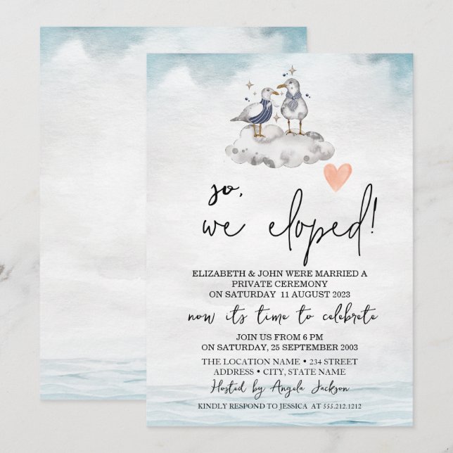 Convites Casamento fuga de gaivotas aquarela na praia   (Frente/Verso)