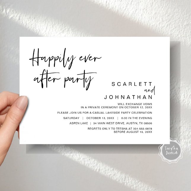 Convites Casamento Fuga, Festa Feliz para Sempre (Wedding Elopement, Happily Ever After Party Invitation Card, Printed file, Modern minimalist script)