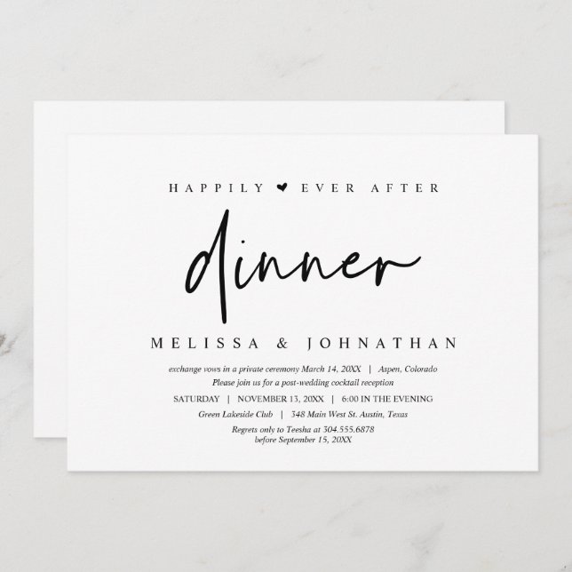 Convites Casamento Fuga, Jantar Felizes para Sempre (Frente/Verso)