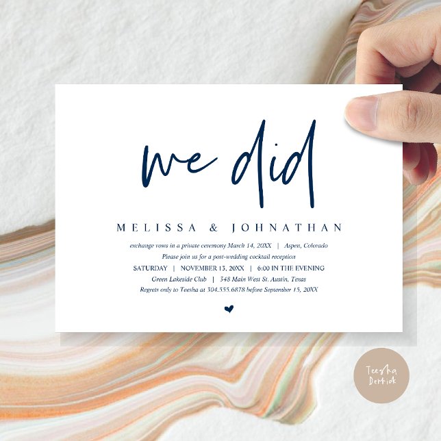 Convites Casamento Fuga, Minimalista Moderna, nós fizemos f (We Did, Wedding Elopement Dinner Invitation Card, PDF, Modern Minimalist, in Navy Blue)