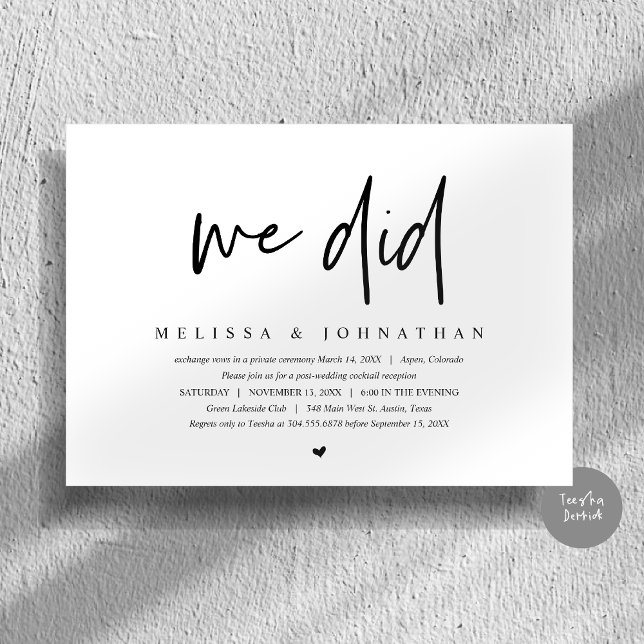 Convites Casamento Fuga, Minimalista Moderno, nós fizemos (We Did, Wedding Elopement Dinner Invitation Card, PDF, Modern Minimalist, in Black and White)