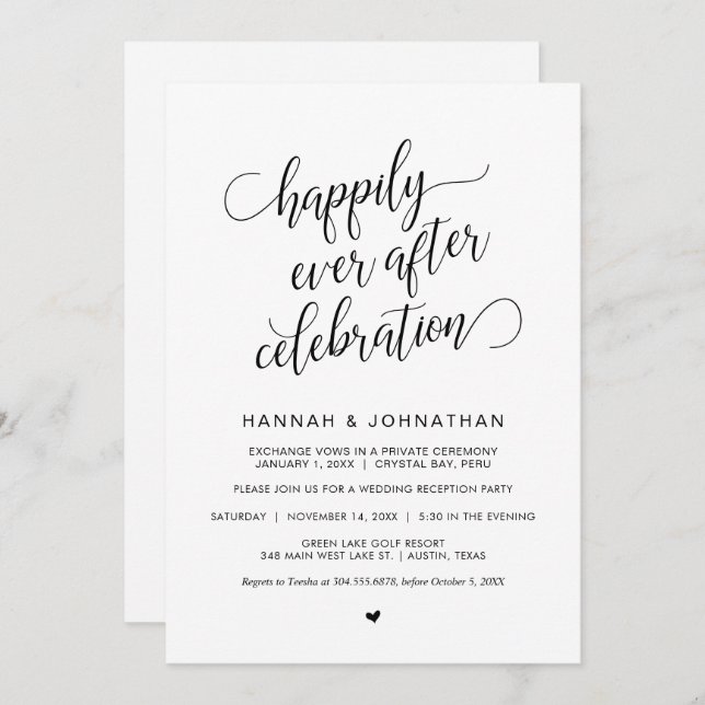 Convites Casamento Fuga, Simples Caligrafia Preta Clássica (Frente/Verso)