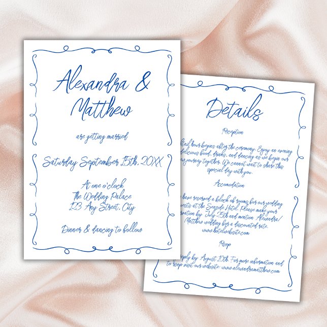 Convites Casamento Funk Colorido Azul Imunológico Desenhado (Hand Drawn Whimsical Blue Colorful Funky Wedding Invitation hand lettered cobalt blue trendy)