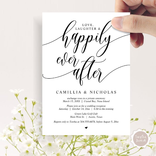 Convites Casamento Furtivo, Festa Feliz para Sempre (Wedding Elopement, Happily Ever After Party Invitation Card, PDF, Black White)