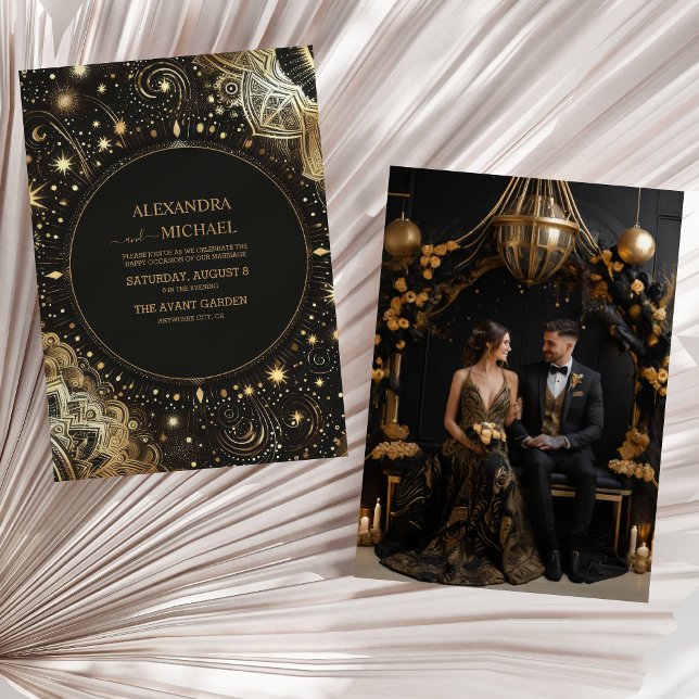 Convites Casamento Galáxia Celestial Dourado Preto Místico  (Criador carregado)