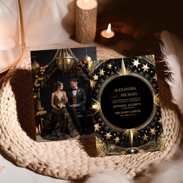Convites Casamento Galáxia Celestial Dourado Preto Místico  (Criador carregado)