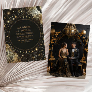 Convites Casamento Galáxia Celestial Dourado Preto Místico